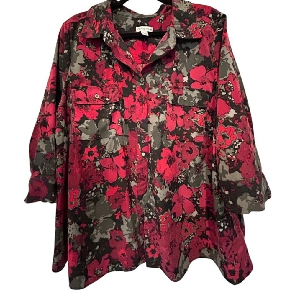 Croft & Barrow Women's 3X Button Up Blouse Red Black Gray‎ Floral